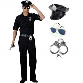 Adult New York Cop Costume + Police Hat + Aviator Glasses + Metal Handcuffs