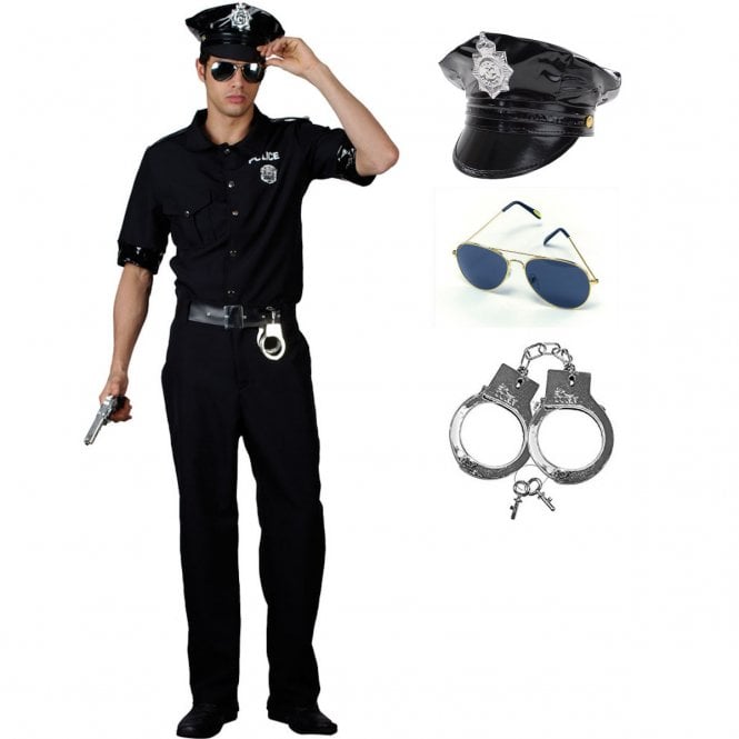 Adult New York Cop Costume + Police Hat + Aviator Glasses + Metal Handcuffs