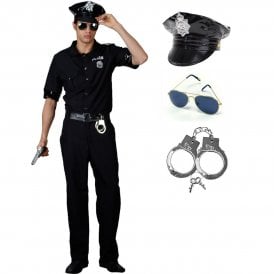 Adult New York Cop Costume + Police Hat + Aviator Glasses + Metal Handcuffs