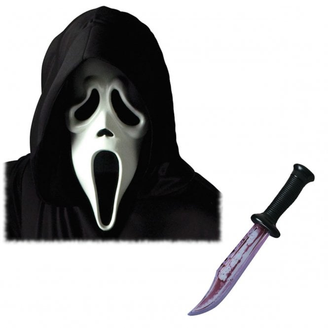 Adult Official Scream/Ghost Face® WHITE Mask with Hood + Bloody Blade 