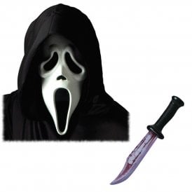 Adult Official Scream/Ghost Face® WHITE Mask with Hood + Bloody Blade 