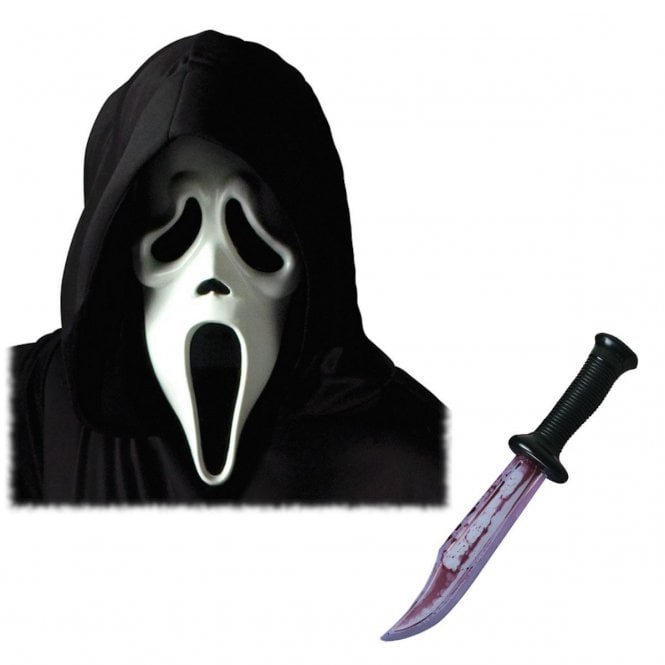Adult Official Scream/Ghost Face® WHITE Mask with Hood + Bloody Blade 