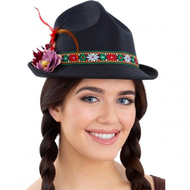 Adult Oktoberfest Dirndl Black Trenker Hat with Flowers