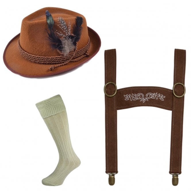 Adult Oktoberfest Hat + Cream Wool Blend Socks + Braces