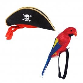 Adult Pirate Hat - Black with Gold Trim & Red Bandana + Feather Wrist Parrot