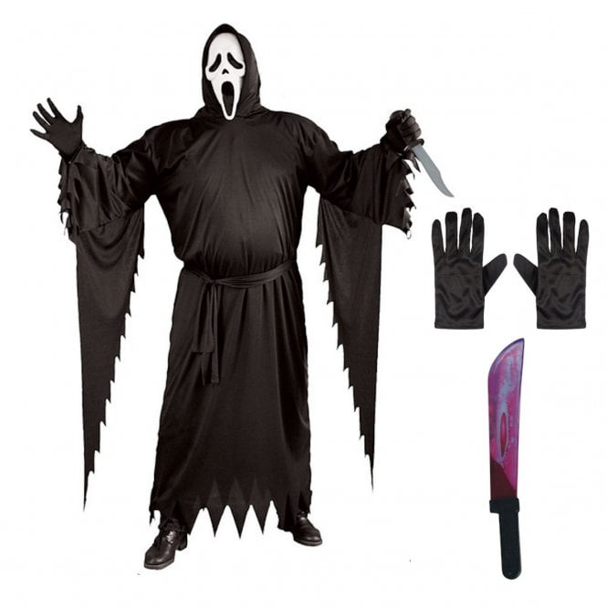 ADULT PLUS SIZE Ghost Face® CLASSIC Costume + BLEEDING MACHETE + Black Gloves