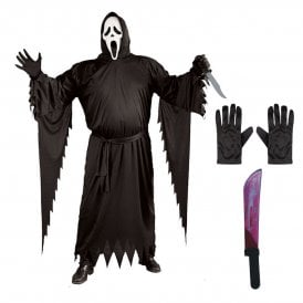 ADULT PLUS SIZE Ghost Face® CLASSIC Costume + BLEEDING MACHETE + Black Gloves