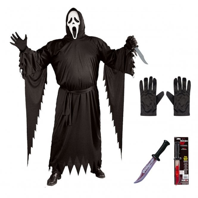 Adult PLUS SIZE Ghost Face® CLASSIC Costume + BLOODY BLADE + Black Gloves
