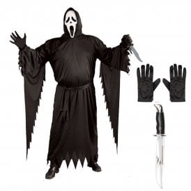 ADULT PLUS SIZE Ghost Face® CLASSIC Costume + BOWIE KNIFE + Black Gloves