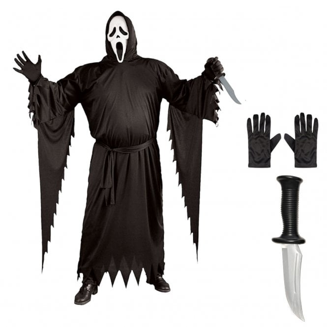 ADULT PLUS SIZE Ghost Face® CLASSIC Costume + HORROR KNIFE + Black Gloves