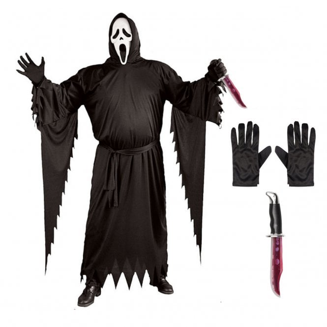 Adult PLUS SIZE Ghost Face® Costume + NEW BLEEDING BOWIE Knife + Black Gloves