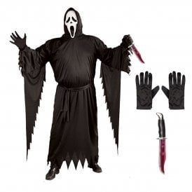 Adult PLUS SIZE Ghost Face® Costume + NEW BLEEDING BOWIE Knife + Black Gloves