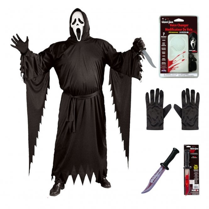 Adult PLUS SIZE Ghost Face® Costume + Voice Changer + Bloody Blade + Black Gloves