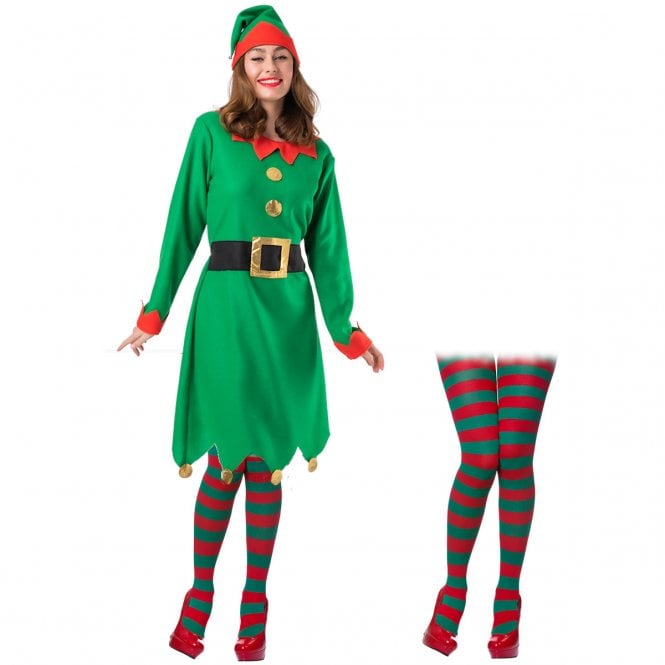 Adult Santas Helper Green Dress + Red & Green Striped Tights