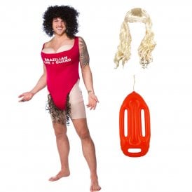 Adult Scary Mary Life Guard + Blonde Lifeguard (Pamela) Wig + Inflatable Float