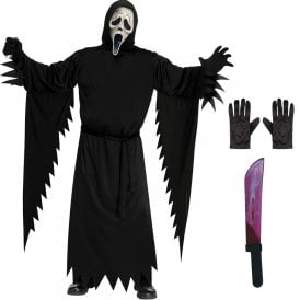 Adult Scream Ghost Face® AGED *COSTUME* + BLEEDING MACHETE + Black Gloves