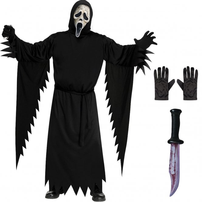Adult Scream Ghost Face® AGED *COSTUME* + BLOODY Blade + Black Gloves