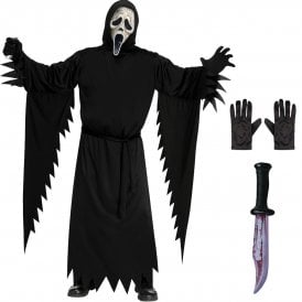 Adult Scream Ghost Face® AGED *COSTUME* + BLOODY Blade + Black Gloves