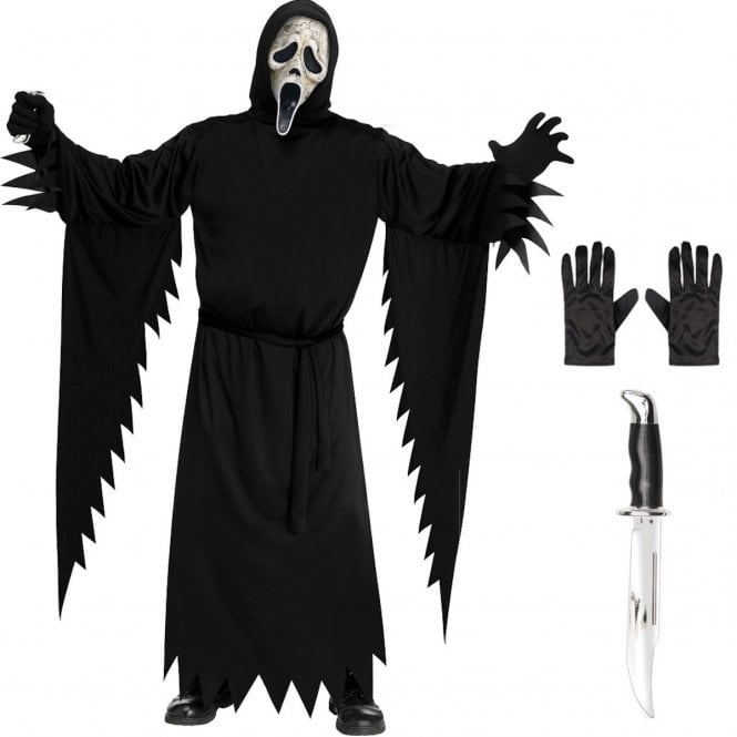Adult Scream Ghost Face® AGED *COSTUME* + BOWIE KNIFE + Black Gloves
