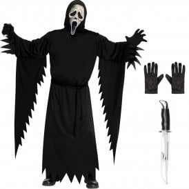 Adult Scream Ghost Face® AGED *COSTUME* + BOWIE KNIFE + Black Gloves