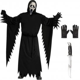 Adult Scream Ghost Face® AGED *COSTUME* + CHROME KNIFE + Black Gloves