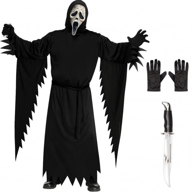 Adult Scream Ghost Face® AGED *COSTUME* + BOWIE KNIFE + Black Gloves