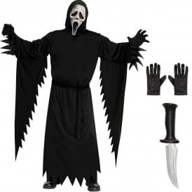 Adult Scream Ghost Face® AGED *COSTUME * + HORROR Knife + Black Gloves