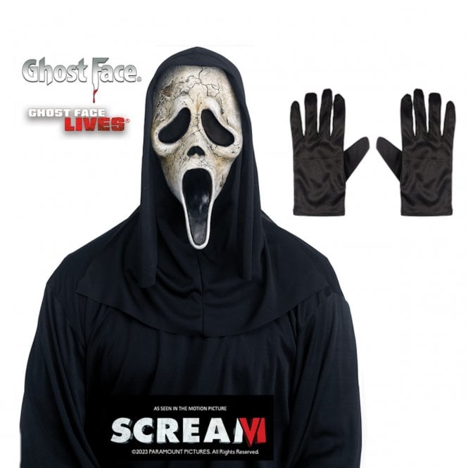 Adult Scream Ghost Face® AGED Mask with Hood + Black Gloves