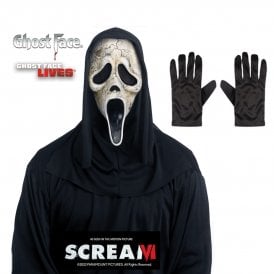 Adult Scream Ghost Face® AGED Mask with Hood + Black Gloves