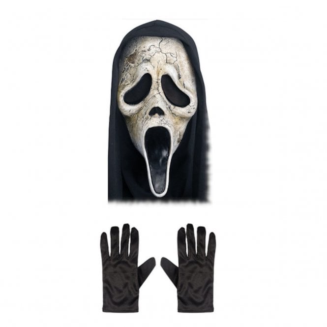 Adult Scream Ghost Face® AGED Mask with Hood + Black Gloves