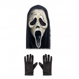Adult Scream Ghost Face® AGED Mask with Hood + Black Gloves