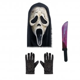 Adult Scream Ghost Face® AGED Mask with Hood + BLEEDING Machete + Black Gloves