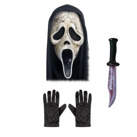 Adult Scream Ghost Face® AGED Mask with Hood + BLOODY BLADE + Black Gloves