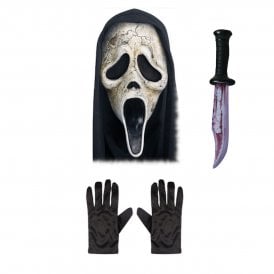 Adult Scream Ghost Face® AGED Mask with Hood + BLOODY BLADE + Black Gloves