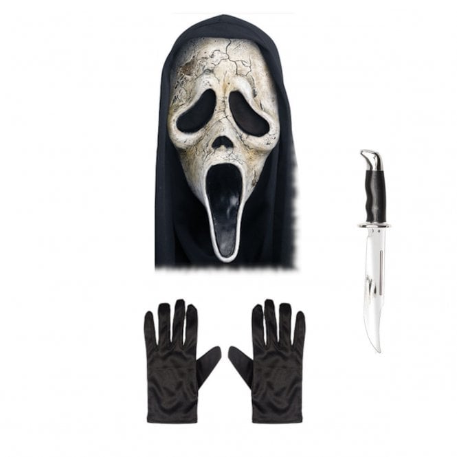 Adult Scream Ghost Face® AGED Mask with Hood + BOWIE Knife + Black Gloves