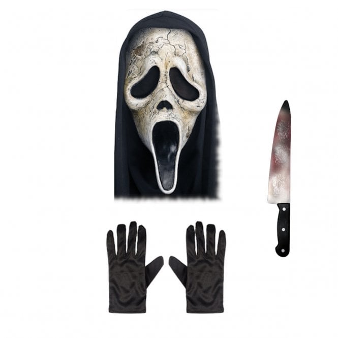 Adult Scream Ghost Face® AGED Mask with Hood + BUTCHER Knife + Black Gloves