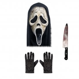 Adult Scream Ghost Face® AGED Mask with Hood + BUTCHER Knife + Black Gloves
