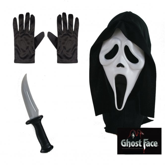 Adult Scream Ghost Face® White Mask w Hood + Horror Knife + Black Gloves