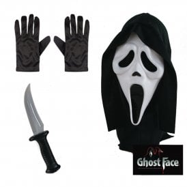 Adult Scream Ghost Face® White Mask w Hood + Horror Knife + Black Gloves