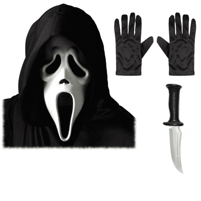 Adult Scream Ghost Face® White Mask w Hood + Horror Knife + Black Gloves