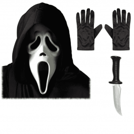 Adult Scream Ghost Face® White Mask w Hood + Horror Knife + Black Gloves