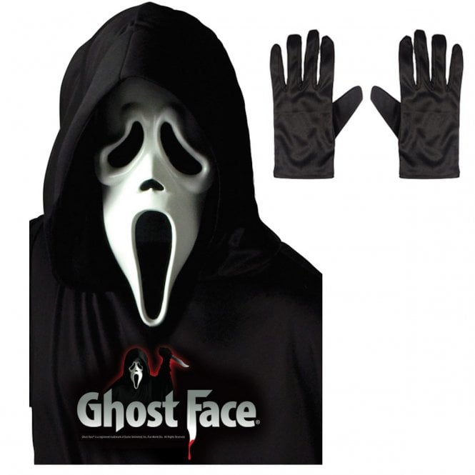 Adult Scream Ghost Face® WHITE Mask with Hood + Black Gloves
