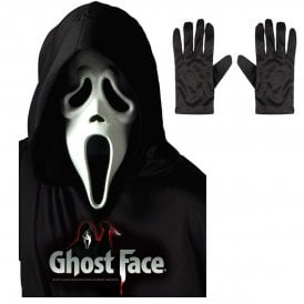 Adult Scream Ghost Face® WHITE Mask with Hood + Black Gloves