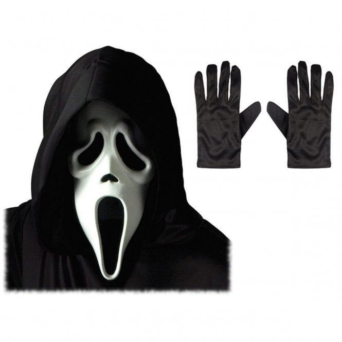 Adult Scream Ghost Face® WHITE Mask with Hood + Black Gloves