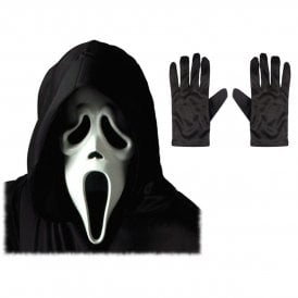 Adult Scream Ghost Face® WHITE Mask with Hood + Black Gloves