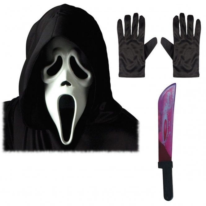 Adult Scream Ghost Face® WHITE Mask with Hood + BLEEDING Machete + Black Gloves
