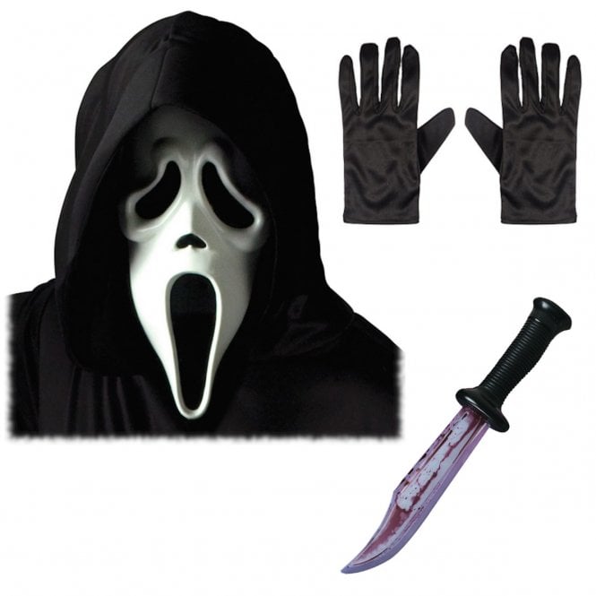 Adult Scream Ghost Face® WHITE Mask with Hood + BLOODY BLADE + Black Gloves