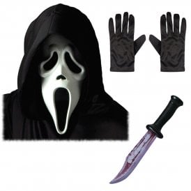 Adult Scream Ghost Face® WHITE Mask with Hood + BLOODY BLADE + Black Gloves