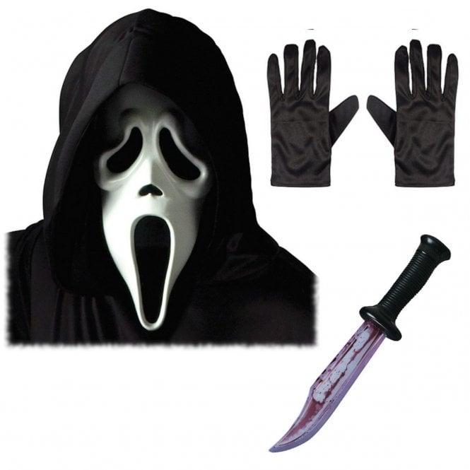 Adult Scream Ghost Face® WHITE Mask with Hood + BLOODY BLADE + Black Gloves