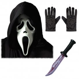 Adult Scream Ghost Face® WHITE Mask with Hood + BLOODY BLADE + Black Gloves